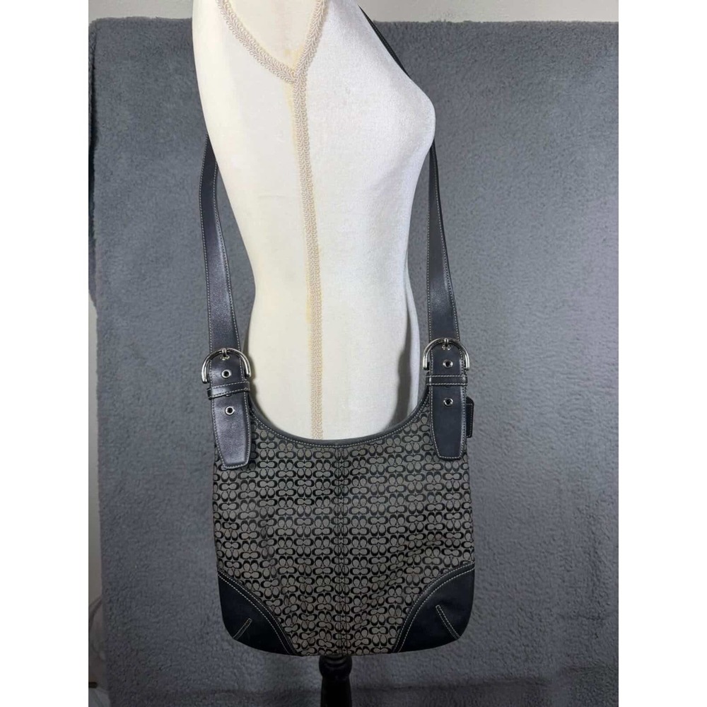 Coach‎ Signature File Bag Black Grey Monogram Canvas Crossbody Leather Trim